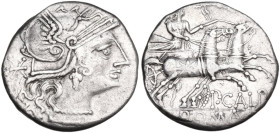 Publius Calpurnius. Denarius, 133 BC. Obv. Helmeted head of Roma right; behind, barred X. Rev. Goddess (Venus?) in biga right, crowned Victory who fli...