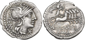 M. Aburius M.f. Geminus. AR Denarius, 132 BC. Obv. Helmeted head of Roma right; behind, GEM; before, barred X. Rev. Sol in quadriga right, holding rei...