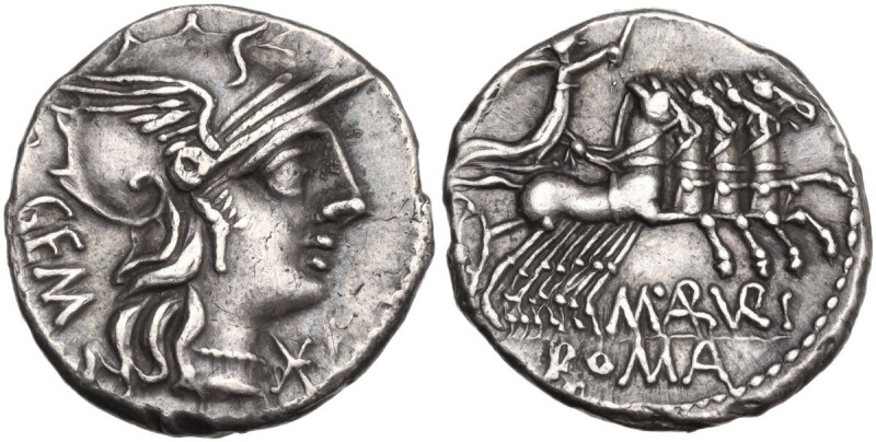 M. Aburius M.f. Geminus. AR Denarius, 132 BC. Obv. Helmeted head of Roma right; ...