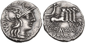 M. Aburius M.f. Geminus. AR Denarius, 132 BC. Obv. Helmeted head of Roma right; behind, GEM; before, barred X. Rev. Sol in quadriga right, holding rei...