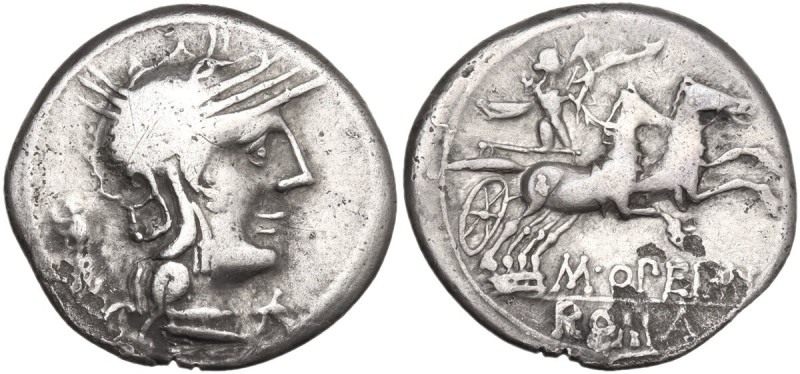 L. Opimius. AR Denarius, 131 BC. Obv. Helmeted head of Roma right; below chin, b...