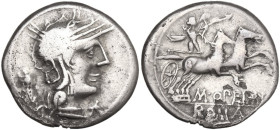 L. Opimius. AR Denarius, 131 BC. Obv. Helmeted head of Roma right; below chin, barred X; behind, wreath. Rev. Victory in quadriga right; below, M·OPEI...