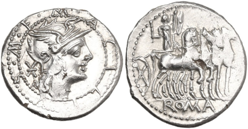 M. Acilius M.f. AR Denarius, 130 BC. Obv. Helmeted head of Roma right; behind, X...