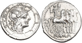 M. Acilius M.f. AR Denarius, 130 BC. Obv. Helmeted head of Roma right; behind, XVI monogram; around, M. ACILIVS M.F. within double border dots. Rev. H...