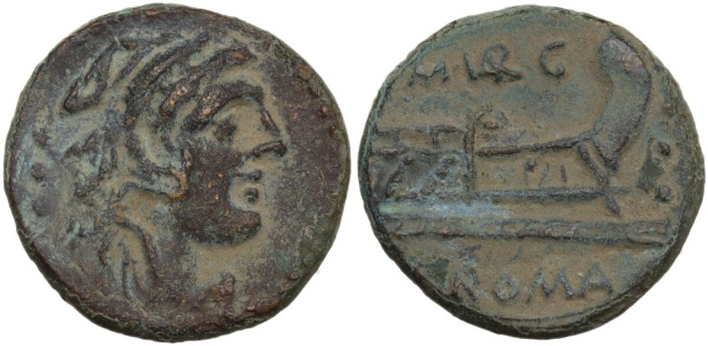 M. Vargunteius. AE Quadrans, 130 BC. Obv. Head of Hercules right; behind, three ...
