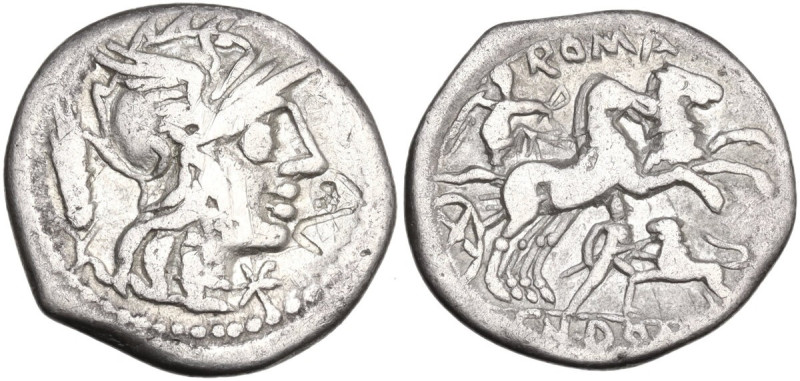 Cn. Domitius Ahenobarbus. AR Denarius, 128 BC. Obv. Helmeted head of Roma right;...