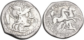 Cn. Domitius Ahenobarbus. AR Denarius, 128 BC. Obv. Helmeted head of Roma right; behind, corn-ear; before, XVI monogram. Rev. Victory in biga right, h...