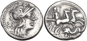 L. Caecilius Metellus Diadematus. AR Denarius, 128 BC. Obv. Helmeted head of Roma right; behind, barred, X. Rev. Goddess in biga right; below, elephan...