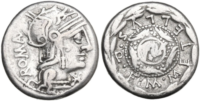 M. Caecilius Q.f. Q.n. Metellus. Denarius, 127 BC. Obv. Helmeted head of Roma ri...