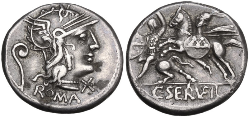 C. Servilius Vatia. Denarius, 127 BC. Obv. Helmeted head of Roma right; behind, ...