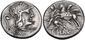 C. Servilius Vatia. Denarius, 127 BC. Obv. Helmeted head of Roma right; behind, lituus; below, ROMA; below chin, barred X. Rev. Battle on horseback be...