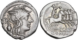 C. Cassius. Denarius, 126 BC. Obv. Helmeted head of Roma right; behind, barred, X and voting-urn. Rev. Libertas in quadriga right; below, C·CASSI; in ...