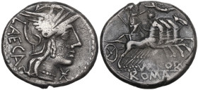 M. Porcius Laeca. Denarius, 125 BC. Obv. Helmeted head of Roma right; behind, LAECA; below chin, barred X. Rev. Libertas in quadriga right, crowned by...