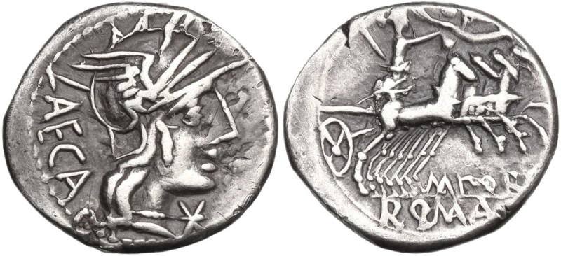 M. Porcius Laeca. Denarius, 125 BC. Obv. Helmeted head of Roma right; behind, LA...