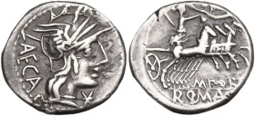 M. Porcius Laeca. Denarius, 125 BC. Obv. Helmeted head of Roma right; behind, LAECA; below chin, barred X. Rev. Libertas in quadriga right, crowned by...