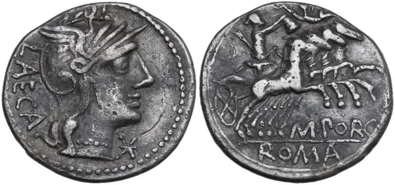 M. Porcius Laeca. Denarius, 125 BC. Obv. Helmeted head of Roma right; behind, LA...