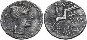 M. Porcius Laeca. Denarius, 125 BC. Obv. Helmeted head of Roma right; behind, LAECA; below chin, barred X. Rev. Libertas in quadriga right, crowned by...