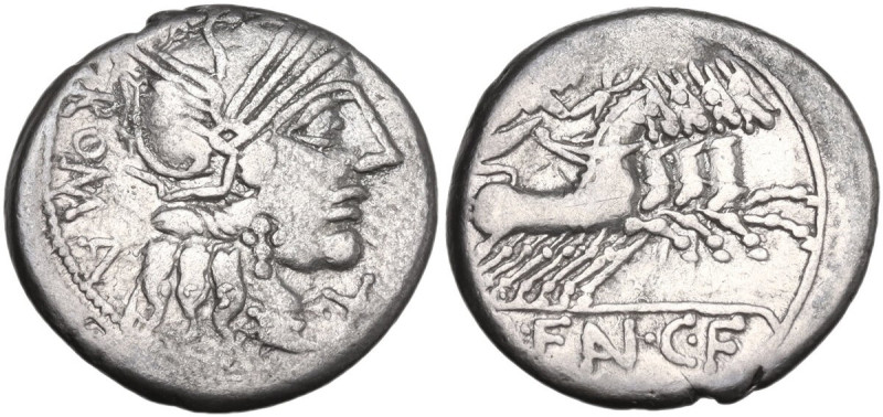 M. Fannius C.f. Denarius, 123 BC. Obv. Helmeted head of Roma right; behind, ROMA...