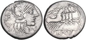 M. Fannius C.f. Denarius, 123 BC. Obv. Helmeted head of Roma right; behind, ROMA; below chin, X. Rev. Victory in quadriga right; in exergue, M·FAN·C·F...