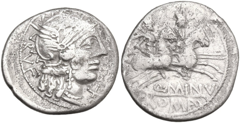 Q. Minucius Rufus. Denarius, 122 BC. Obv. Helmeted head of Roma right; behind, R...