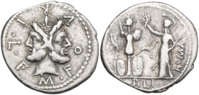 M. Furius L.f. Philus. AR Denarius, 119 BC. Obv. M. FOVRI. L. F. Laureate head of Janus. Rev. Roma standing left erecting trophy; to right, ROMA; in e...