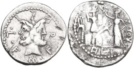 M. Furius L.f. Philus. AR Denarius, 119 BC. Obv. M. FOVRI. L. F. Laureate head of Janus. Rev. Roma standing left erecting trophy; to right, ROMA; in e...