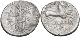 M. Calidius, Q. Metellus and Cn. Fulvius. Denarius, 117 or 116 BC. Obv. Helmeted head of Roma right; behind, ROMA; below chin, barred X. Rev. Victory ...