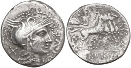 Q. Curtius and M. Silanus. Denarius, 116 or 115 BC. Obv. Helmeted head of Roma right; behind, X; before, Q·CVRT. Rev. Jupiter in quadriga right; above...