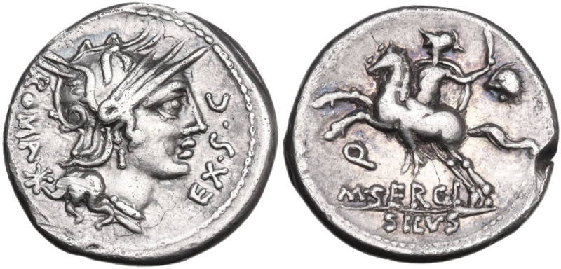 M. Sergius Silus. Denarius, 116 or 115 BC. Obv. Helmeted head of Roma right; beh...