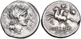 M. Sergius Silus. Denarius, 116 or 115 BC. Obv. Helmeted head of Roma right; behind, ROMA and barred X; on right, EX·S·C. Rev. Horseman galloping left...