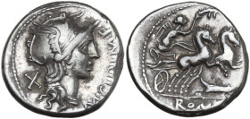 M. Cipius M.f. Denarius, 115 or 114 BC. Obv. Helmeted head of Roma right; behind, X; on right, M·CIPI·M·F. Rev. Victory in biga right; below, rudder; ...