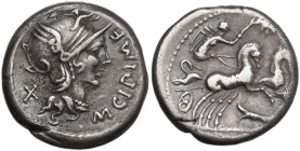 M. Cipius M.f. Denarius, 115 or 114 BC. Obv. Helmeted head of Roma right; behind, X; on right, M·CIPI·M·F. Rev. Victory in biga right; below, rudder; ...