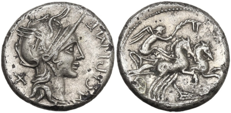 M. Cipius M.f. Fourrée Denarius, 115 or 114 BC. Obv. Helmeted head of Roma right...