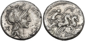 M. Cipius M.f. Fourrée Denarius, 115 or 114 BC. Obv. Helmeted head of Roma right; behind, X; on right, M·CIPI·M·F. Rev. Victory in biga right; below, ...