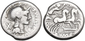 M. Cipius M.f. Denarius, 115 or 114 BC. Obv. Helmeted head of Roma right; behind, X; on right, M·CIPI·M·F. Rev. Victory in biga right; below, rudder; ...