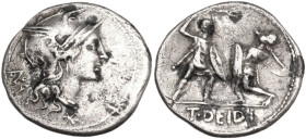 T. Didius. AR Denarius, 113-112 BC. Obv. Helmeted head of Roma right; behind, ROMA in monogram; below neck truncation, barred X. Rev. Battle between t...