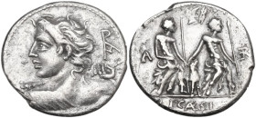 Lucius Caesius. Denarius, 112 or 111 BC. Obv. Youthful bust of Vejovis left, seen from behind, holding thunderbolt in upraised right hand; in right fi...