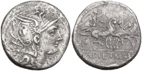 Appius Claudius Pulcher, T. Manlius Mancinus and Q. Urbinius. Denarius, 111 or 110 BC. Obv. Helmeted head of Roma right; behind, quadrangular device. ...