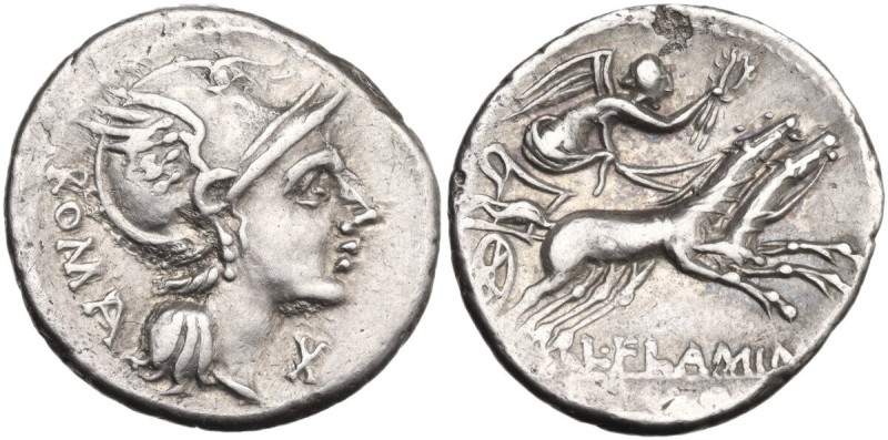 L. Flaminius Chilo. Denarius, 109 or 108 BC. Obv. Helmeted head of Roma right; b...