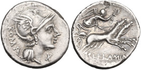 L. Flaminius Chilo. Denarius, 109 or 108 BC. Obv. Helmeted head of Roma right; behind, ROMA; below chin, X. Rev. Victory in biga right; below, L·FLAMI...