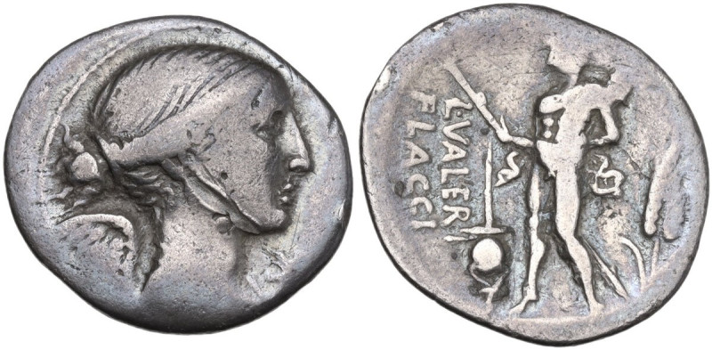 L. Valerius Flaccus. Denarius, 108 or 107 BC. Obv. Draped bust of Victory right;...