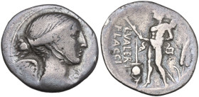 L. Valerius Flaccus. Denarius, 108 or 107 BC. Obv. Draped bust of Victory right; below chin, barred X. Rev. Mars walking left, holding spear and troph...