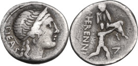 M. Herennius. Denarius, 108 or 107 BC. Obv. Diademed head of Pietas right; behind, PIETAS (TA ligate). Rev. One of the Catanean brothers running right...