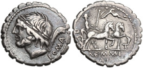 L. Memmius Galeria. AR Denarius serratus, 106 BC. Obv. Laureate head of Saturn left; behind, harpa and ROMA; below chin, O and dot. Rev. Venus in biga...