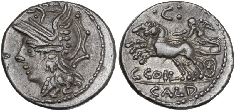 C. Coelius Caldus. Denarius, 104 BC. Obv. Helmeted head of Roma left. Rev. Victo...