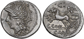 C. Coelius Caldus. Denarius, 104 BC. Obv. Helmeted head of Roma left. Rev. Victory in biga left; above, C surrounded by three dots; below, C·COIL; in ...