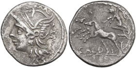 C. Coelius Caldus. AR Denarius, 104 BC. Obv. Helmeted head of Roma left. Rev. Victory in biga left; below horses, CALD; in exergue, X. Cr. 318/1b; B. ...