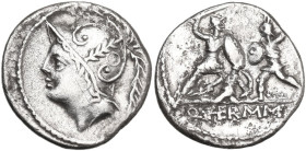 Q. Thermus M.f. AR Denarius, 103 BC. Obv. Helmeted head of Mars left. Rev. Roman soldier fighting enemy in protection of fallen comrade; in exergue, Q...