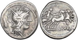 L. Julius. Denarius, 101 BC. Obv. Helmeted head of Roma right; behind, corn-ear. Rev. Victory in biga right; below, L·IVLI. Cr. 323/1; B. (Julia) 3. A...