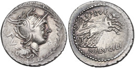 M. Lucilius Rufus. AR Denarius, 101 BC. Obv. Helmeted head of Roma right; behind, PV; all within wreath. Rev. Victory in biga right; above, RVF; in ex...